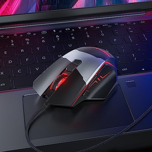 Image of (Refurbished) AmazonBasics USB Wired Blue Track and Blue Sensor, Ergonomic Gaming Mouse with 7 Programmable Keys | 6400 DPI