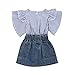 Carolilly Ensemble 2 Pièce Enfant Fille Outfit Set Haut à Manche Courte Volante + Jupe Tenue d'Été pour Bébé Fille 0-7 Ans (Bleu A, 6-7 Ans)