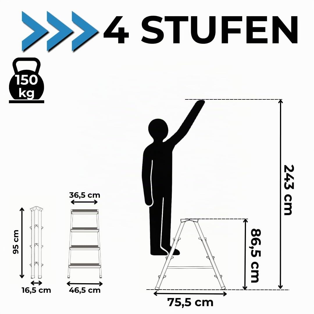 Fortena Haushaltsleiter Doppelleiter 2x4 Stufen Aluminium 150 kg Belastung