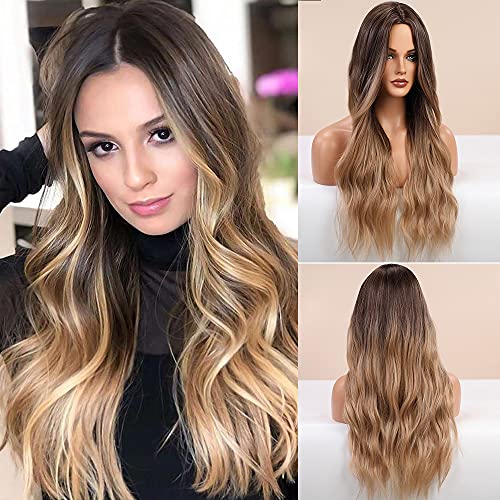 Esmee 24 Inches Long Hair Wigs for Women Ombre Color Dark Brown to Brown Synthetic Curly Hair Wig Middle Parting