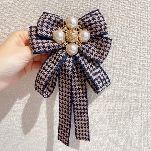 Image of Layered Shell Pearl Bow Pre-Tied Brooch for Women Girls Elegant Love Heart Gold Plated Black White Houndstooth Bowknot Tie Brooches Lapel Pins Corsage Collar Ceremony Holiday Dress Accessories