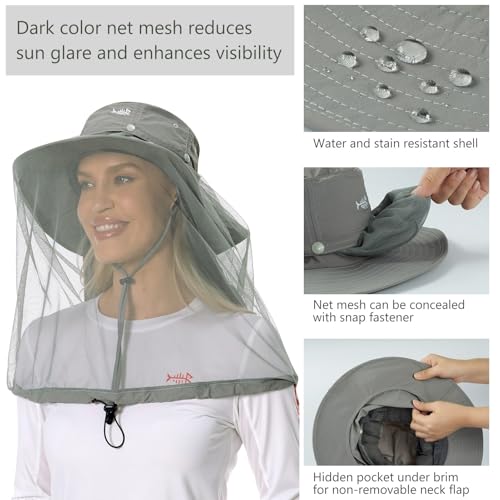 Image of BASSDASH UPF 50+ Mosquito Sun Hat with Hidden Head Net and Neck Flap for Men Women Outdoor Fishing Hiking Camping