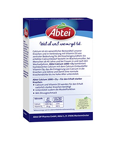Abtei Calcium 1000 + D3 - Für den Erhalt starker Knochen - Hochdosiert - Glutenfrei, laktosefrei, für Vegetarier geeignet - Mit Zitronengeschmack - 30 Tabletten