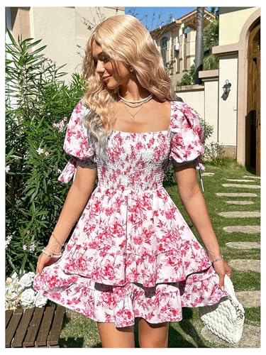 Image of Floerns Women's Floral Print Puff Sleeve Square Neck Tiered Layer Shirred Dresses