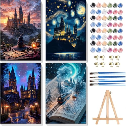4 Pack Paint by Numbers for Adults with Framed Canvas - with Wooden Easel Magic Castle Paint by Number on Canvas Fantasy DIY Acrylic Oil Painting Kits with Brushes for Home Wall Decor 8x12 inch