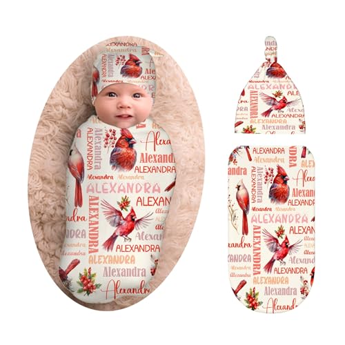 Personalized Baby Swaddle Blanket & Hat Set for Boys Girls, Customized Newborn Gifts, Custom Bird Receiving Blanket with Name, Ultra Soft Nursery Swaddle Wrap, Swaddling Sleeping Sacks