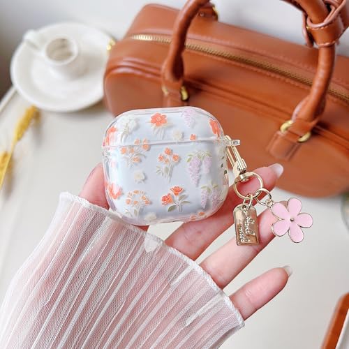 Image of MINSCOSE for AirPods 4 Clear Case,Cute Colorful Flower Pattern Design with Girly Floral Keychain,Soft Silicone Protective Shockproof Cover with Cleaner Kit for Girls Women-Orange