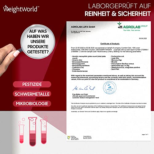 Montmorency Sauerkirschen Kapseln 6000mg - 180 Stück - 120mg Sauerkirsch Extrakt 50:1 pro Portion - Veganer & Vegetarier - 3 Monate Vorrat - Laborgeprüft in Deutschland - Kirschextrakt - WeightWorld