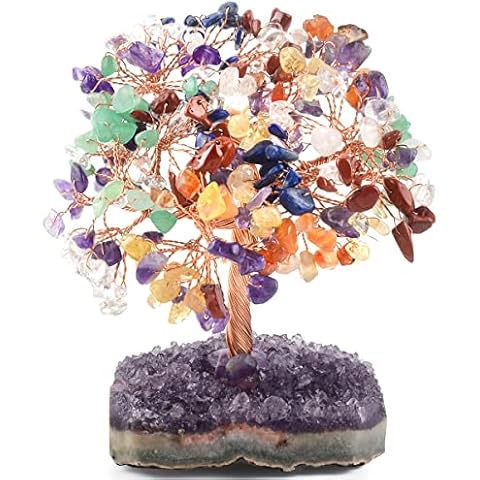 MASGEMES Crystal Tree with Amethyst Cluster Base,7 Chakra(Amethyst,Lapis,Citrine,Carnelian,Jasper,Aventurine,Rose Qaurtz)Gemstone Bonsai Tree Feng Shui Healing Crystals for Luck,Gift Size 4.5-5 Inches Cover