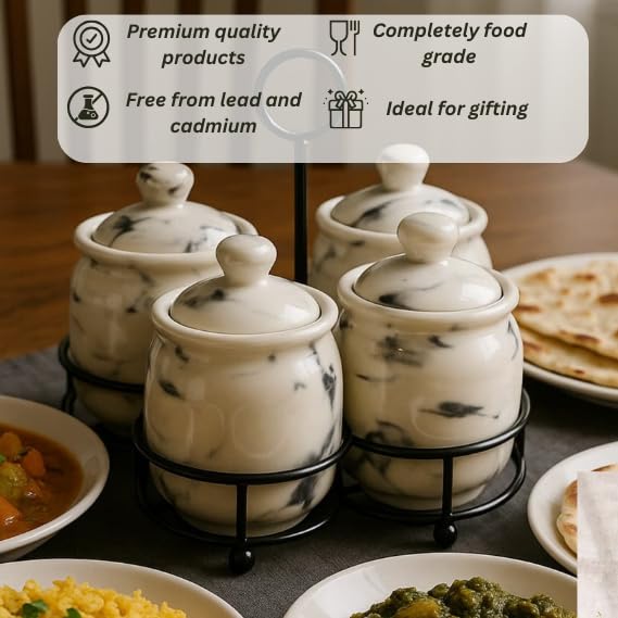Image of Niyara Handcrafted Ceramic Pickle Jar Set, Premium Metal Tray, Spoons & Lids - Multipurpose Storage for Pickles, Chutneys, Spices & Condiments (Set of 4, 300ML /Each) (White Marble design)
