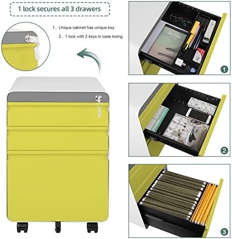 Dripex Fully Assembled 3-Drawer Mobile File Cabinet for A4 File, Lockable Metal Filling File Cabinet with Hanging File Frame and Anti-tilt Design Office Rolling Vertical File Cabinet