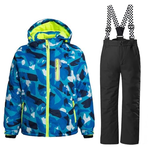 WOWULOVELY Boy's Ski Jacket Pants Windproof Snowsuit 2-Piece Set Snowboarding Outwear Ski Suit Unisex(Blue+black,Size 10)