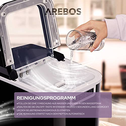 Arebos Eiswürfelmaschine | Ice Cube Maker | 12 kg / 24 h | 10-15 Minuten Produktionszeit | 2 Eiswürfel-Größen | 2,2 Liter Wassertank | Eiswürfelbereiter | Leise | Selbstreinigungsfunktion | Schwarz – Bild 6