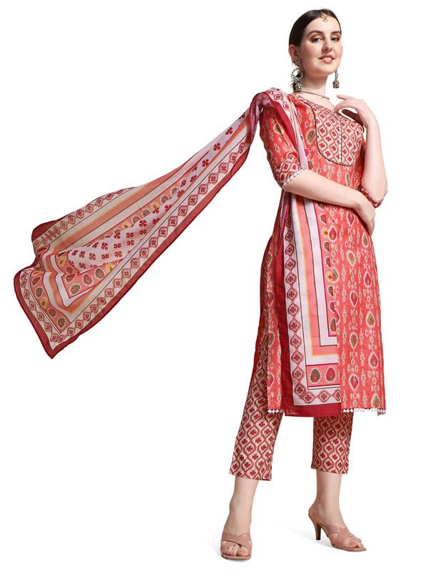 Image of NAINVISH Cotton Blend Kurti Pant & Dupatta | Orange Kurta Set for Women | Women Kurta Pant Dupatta Set | Kurta Pant with Dupatta Set | Printed Kurta Pant Dupatta Set