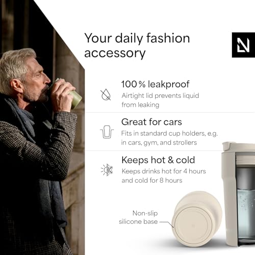 Image of LARS NYSOM Thermo Coffee Mug to go 17oz | Travel Mug 0.5 Liter with Insulation | Silicone grip base | Leak Proof Stainless Steel Tumbler for Coffee and Tea on the Go (Cream Beige, 17oz)