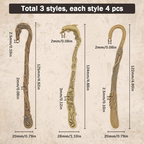 SUNNYCLUE 12Pcs Hook Bookmark Metal Hook Bookmarks Bulk Tibetan Style Antique Bronze Mermaid Dolphin Horse Bookmark Blanks with Hanging Loops Hairpin Stripe Carved Book Marks for Crafting Reading - Image 2