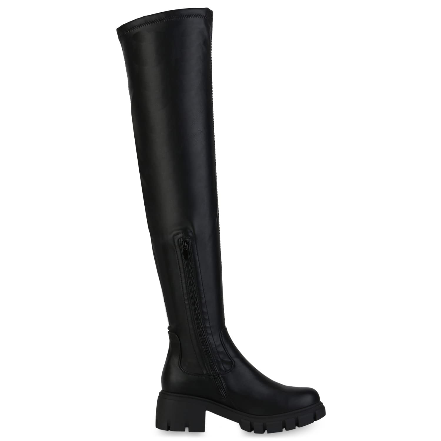 VAN HILL Damen Stiefel Overknees Leicht Gefüttert mit Blockabsatz Plateau Vorne Profilsohle