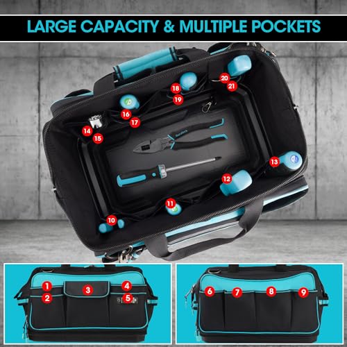 DURATECH Gereedschapstas 43 cm, 32 zakken grote gereedschapstas, harde basis, brede open mond opbergtas, 840D zware gereedschapstassen met verstelbare schouderriem, geschikt voor huishoudelijk en - Afbeelding 6