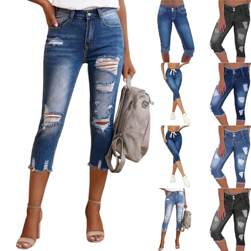 fanmpghleoo Capri Jeans for Women Stretch Ripped Jean Capris Frayed Hem Distressed Jeans Casual Slim Fit Capri Denim Pants