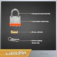 Vista 6 de LanuBe Candado laminado con llave (1-9/16 pulgadas, 1.575 in), cerraduras iguales con llave, grillete normal, aro de plástico naranja marcado