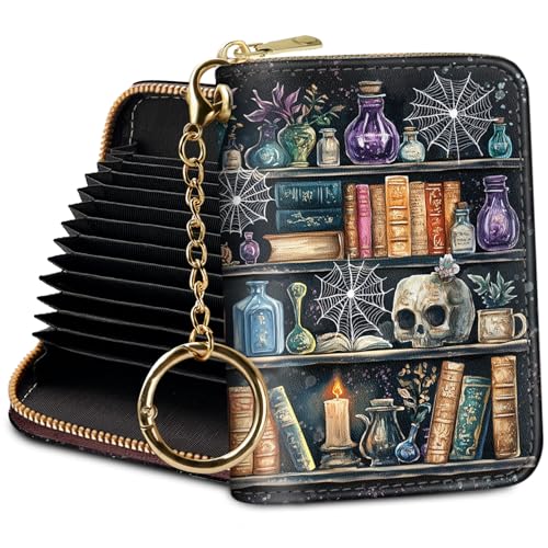 Credit Card Holder Small Wallets Woman, Goth Bookshelf RFID Wallet Women Card Holder Keychain Zipper, Funny Skull Gothic Card Case PU Leather RFID Blocking Accordion Card Organizer Witchy Gifts Ladies