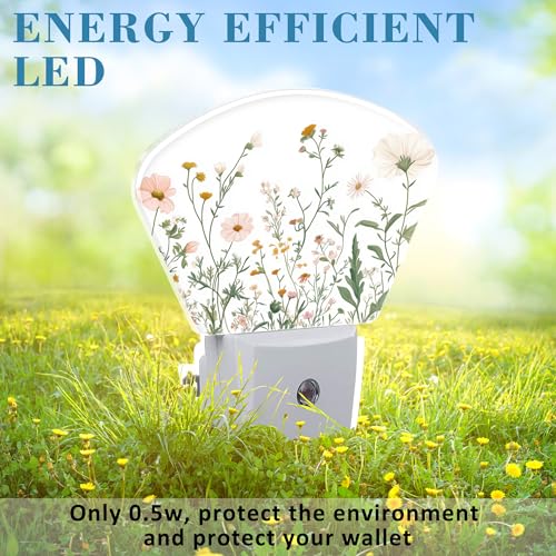Image of Wildflowers Plug in Night Lights, Watercolor Colorful Wildflowers Nightlight Plug Into Wall Dusk to Dawn Sensor for Kid Girls Boys Women Men Room, Hallway, Kitchen, Bathroom, Stairs Decor