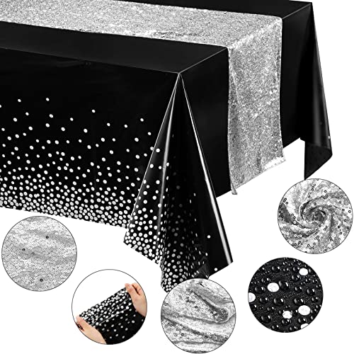 Image of Irenare 2 Pcs Black and Silver Tablecloth and Sequin Table Runner Set Polka Dots Confetti Table Cover Dining Plastic Tablecloths Glitter Decorations for Birthday Wedding Anniversary Party Supplies