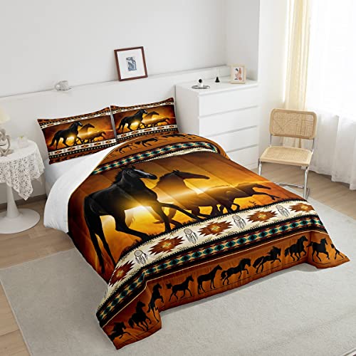 Brown Aztec Comforter Set African Tribal Horse Printed Bedding Set,Farm Animals Duvet Insert Ethnic Tribe Arrow Dream Catcher Quilt Twin,Southwest Native Exotic Nordic Style Room Decor #TOP3