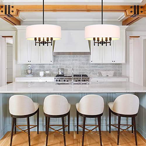 Eco-Homely Classic 4-Light Drum Lighting Chandelier Modern Black Pendant Light With White Fabric Shade For Kitchen Island, Foyer, Living Room Dia 18 #TOP2