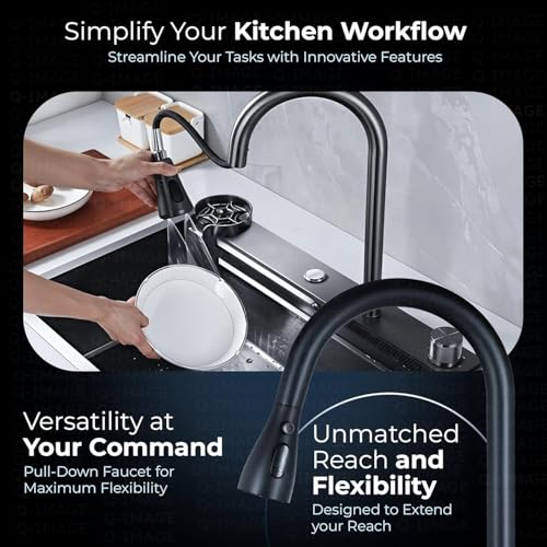 Image of Kitchen sink 24 x 18 x 9 inches Waterfall Kitchen Sink with ANTI SCRATCH HONEYCOMB DESIGN Integrated Waterfall and Pull-down Faucet Set /304 Grade Stainless Steel Sink with Cup washer