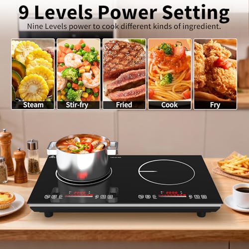 Image of VBGK 2 burner Induction cooktop,110V 4000Winduction hot plate with touch Control,9 Power Levels, Kids Lock & Timer,LED touch control 2ourner induction cooker