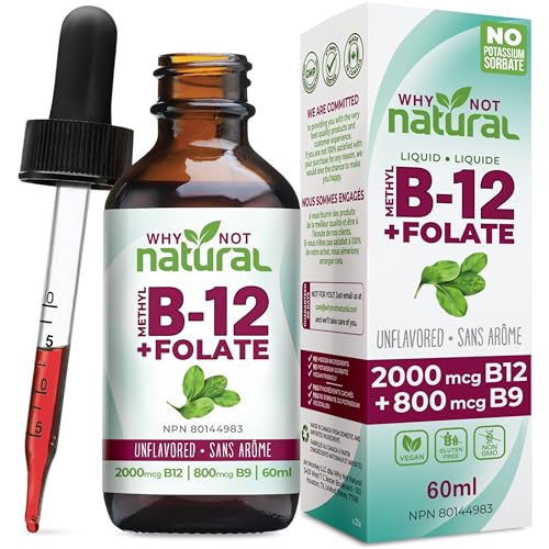 Why Not Natural Vitamin B12 Liquid Plus Folate - Organic Sublingual Extra Strength Vegan Drops - Methyl Supplement with Folinic