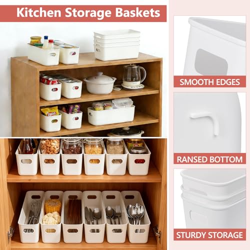 Cartlant 6 Pack Small Storage Baskets, Narrow Plastic Bathroom Storage Box Long White Containers with Handle, Cupboard Cabinet Organiser Deep Trays for Kitchen Shelves Drawers, 27.5×10.5×9.5cm