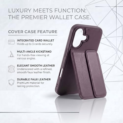 Image of amazon basics Luxury Vegan Leather Back Cover for iPhone 16 | Built-in Card Holder Slot | Integrated Mobile Stand | Slim Shockproof Protective Case with Stitched Finish - Purple