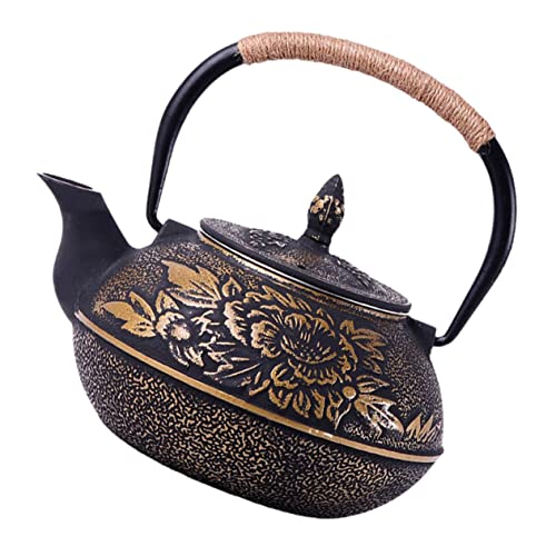 COLLBATH Cast Iron Teapot Decorative Peony Design Capacity -scald Handle for Homes Offices Restaurants Stovetop Safe Chinese Tea Kettle for Elegant Serving