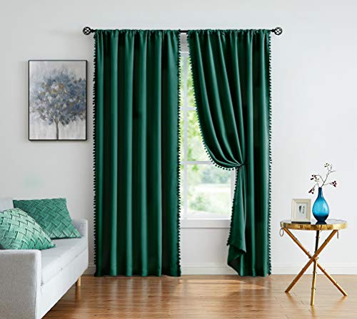 Image of Treatmentex Green Blackout Curtains for Bedroom 84 inch Pom Pom Windows Drapes Cute Decorative Triple Weave Thermal Insulated Curtain Drapes for Nursery Room Studio Hotel 52 inch w x2 Panels Rod Pocket