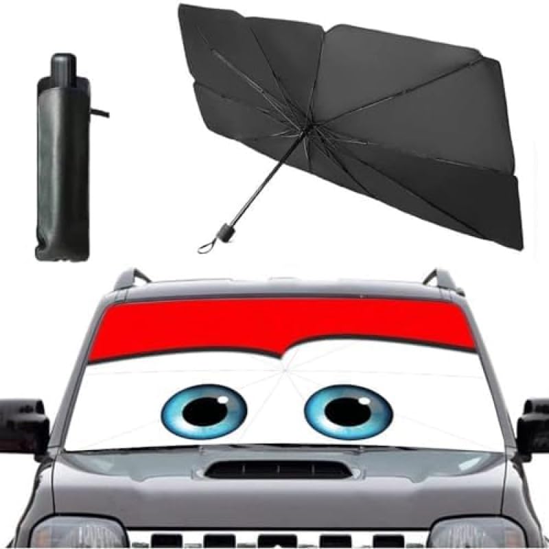 Parasol Coche Delantero Plegable 125 x 65 cm，Parasol Coche Paraguas,Parasol Delantero Coche con Diseño Adorable de Ojos,UV y El Calor,Incluye Bolsa, para Hatchbacks, Coupés, Deportivos
