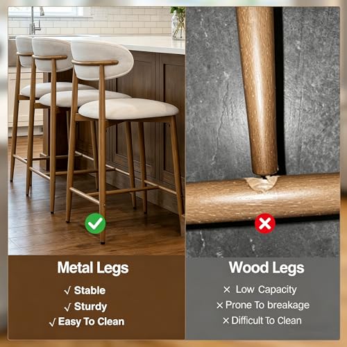 Image of AQO Counter Height Bar Stools Set of 3, Upholstered Counter Stools Modern Barstools with Metal Legs for Kitchen Island Dining Room, Wood-Grain
