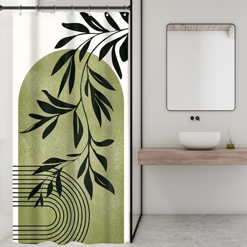 Image of Riyidecor Small Stall Green Mid Century Arch Shower Curtain Boho Bohemian Leaf Modern Neutral Rv Narrow Half Size 36Wx72H Inch Simple Minimalist Fabric Decor Bathroom Polyester Waterproof Hooks
