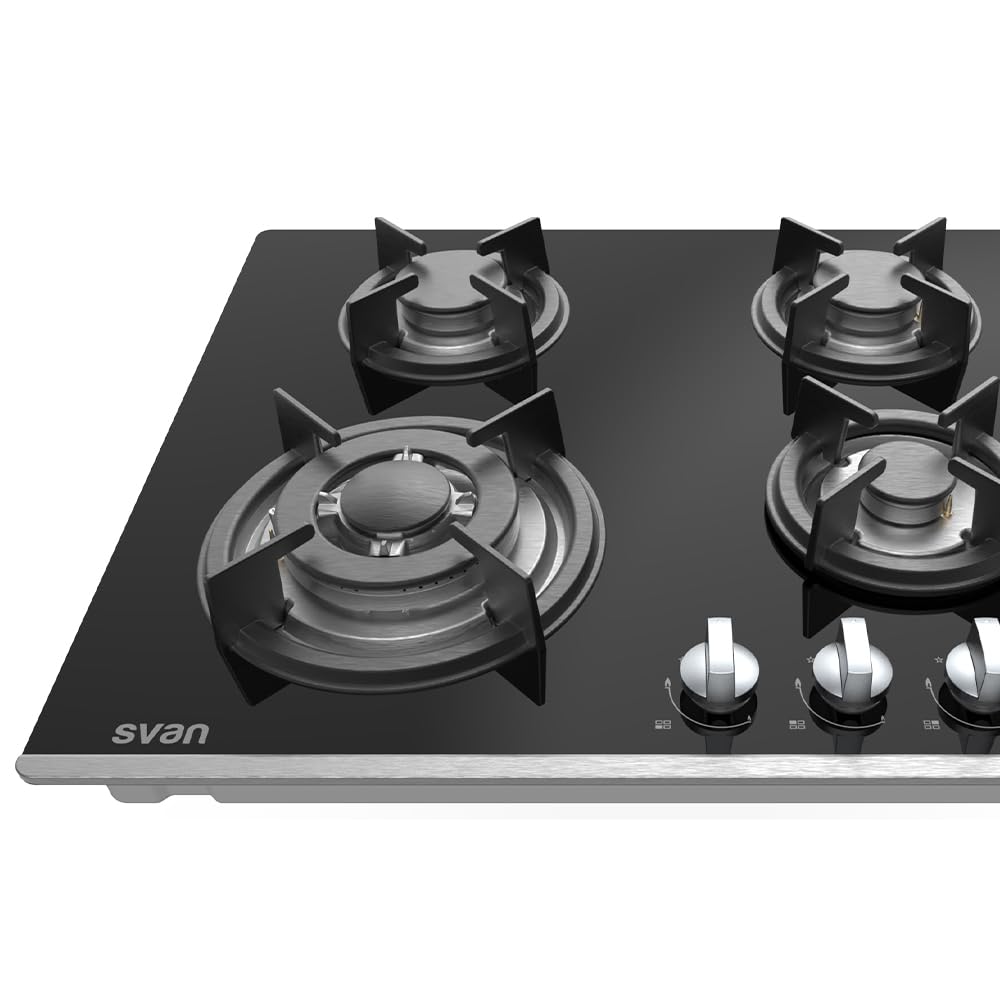 Svan Encimera de Gas Cristal Negro SGW4600N. Potencia máx. 7800 kW, 4 Quemadores, Quemador Wok Triple Llama, con Ignición Automática, Parrillas Forjadas, Incluye Kit de Conversión Gas Natural