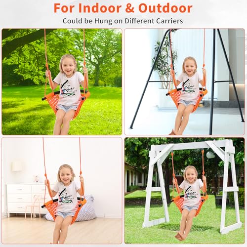 Image of Hi-Na Kids Swing for Swing Set, Heavy Duty Rope Swings with Snap Hooks and Straps, 440LBS Capacity, Toddler Swing Seat for Indoor Porch, Outdoor Playground, Tree, Orange