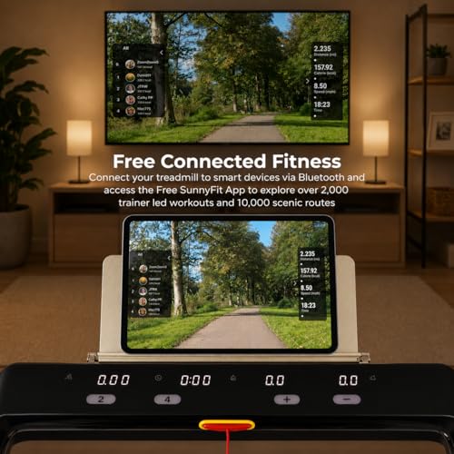 Image of Sunny Health & Fitness Slim Foldable Treadmill Fully Assembled, 17.7 inch x 49 inch Non-Slip Running Surface, 2.5 HP Motor, Speeds up to 8 MPH, Shock-Absorption, Device Holder, Digital Monitor, & Easy Storage