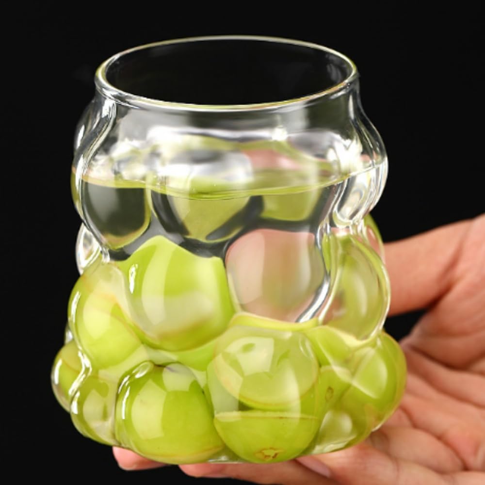 Ribbed Glass Cups, 13 Oz Vintage Drinking Glassware with Grape Shape Design, Bubble Cups for Iced Coffee, Juice, Beverage, Milk, Cocktails, Bubble Tea, and More