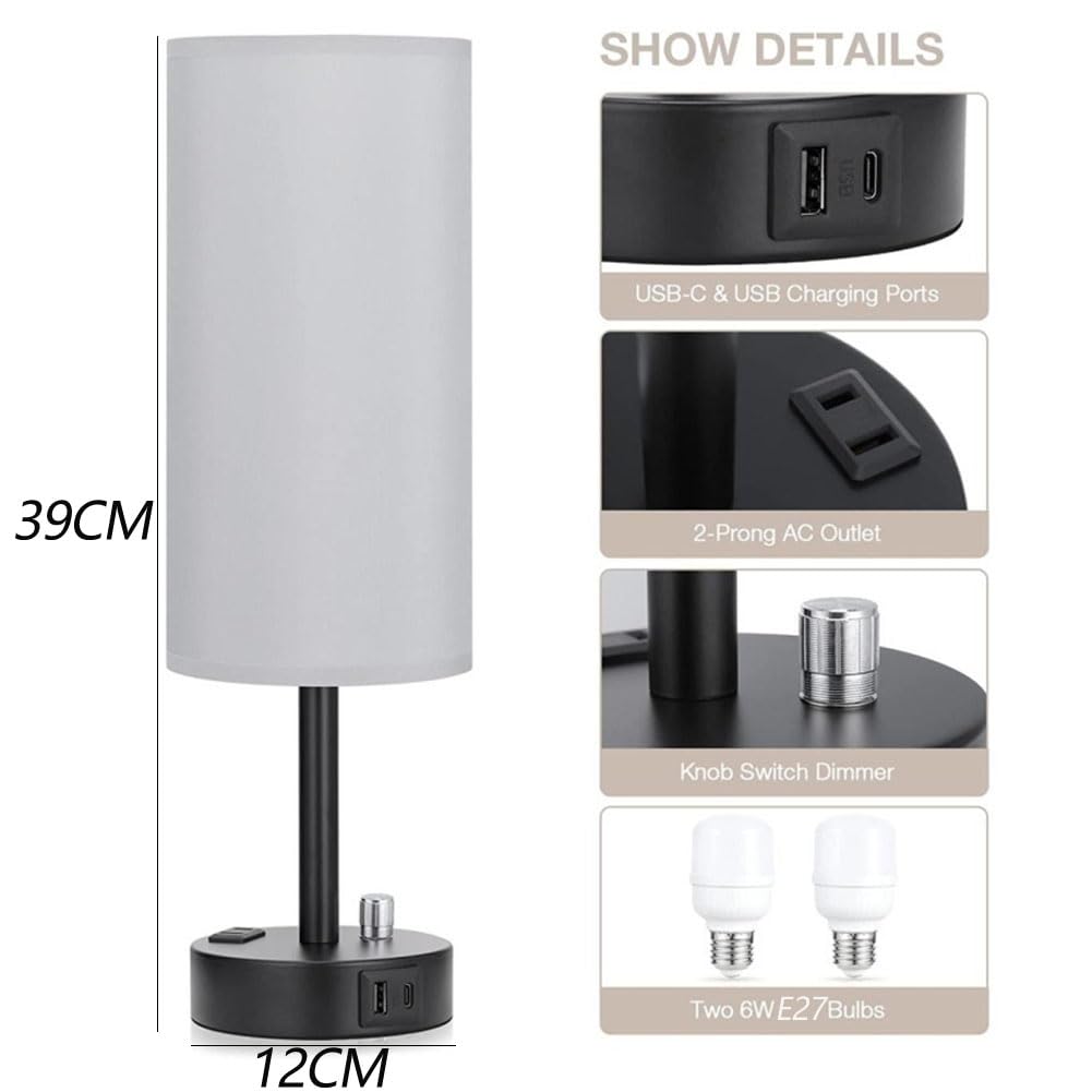 Dimmbare Nachttischlampe mit Schalter und Ladefunktion USB A+C Anschlüssen Steckdosen Tischlampe 3 Helligkeitsstufen Stoffschirm Tischleuchte Leinen Lampenschirm für Schlafzimmer,Grau