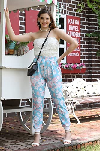 Image of Leriya Fashion Womens Wide Leg Pants Flowers Floral Print Drawstring Loose Long Trousers & Leggings