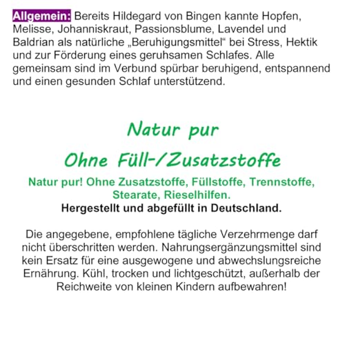 BERUHIGUNG, ENTPANNUNG 180 Kapseln PFLANZLICHES Beruhigungsmittel mit Baldrian Hopfen Melisse Lavendel Johanniskraut Passionsblume. Natürliche BERUHIGUNGSKAPSELN. OHNE ZUSATZSTOFFE. 26720-180