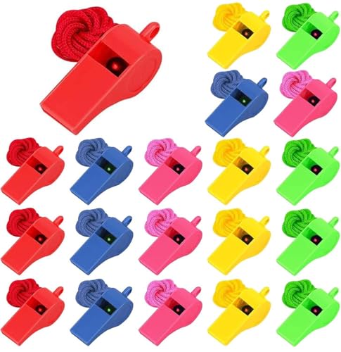 KOOSAH 20 Pcs Plastic Whistles with Lanyard Set, Referee Whistle, Whistles with Lanyards Sport Whistle Children's Whistle for School Sports Training, Football, Security and Emergency Survival