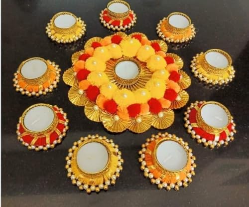 Image of Sanvatsar Home Diwali Decorative Floral Rangoli & Diya Set of 10 | Handmade Tea Light Candle Designer Diyas - Deepak,Candles, Home Decoration Tea Light Wax for puja Festival Decor, Wedding Decoration
