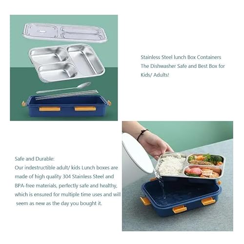 PRIME DEALS Lunch Box Sealed Leakage Proof Stainless Steel Lunch Box with Fork,Chopstick & Spoon Lid Office Food Container 3 Compartment for School Kids and Adults, 750ml (3 Compartment, Blue) - Image 8