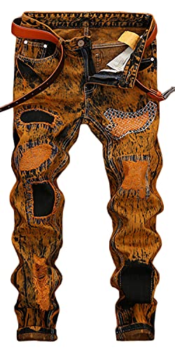 Men's Golden Ripped Distressed Straight Slim Fit Patches Jeans